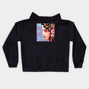 Chinese Opera Star Blue with Blush Pink Traditional Floral Pattern- Hong Kong Retro Kids Hoodie